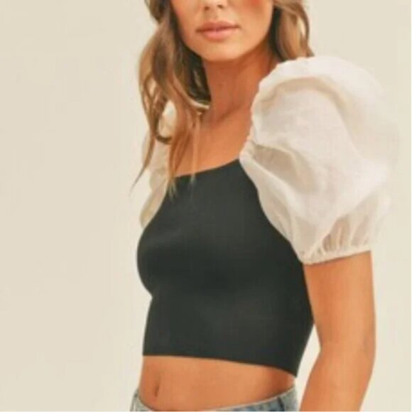 Miou Muse Black Cream Pouf Top Knit Ribbed Stretch Victorian Romantic Size Small - Picture 3 of 15